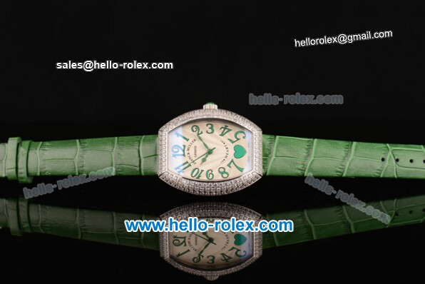 Franck Muller Heart Swiss Quartz Steel Case with Green Leather Strap Diamond Bezel and White Dial - ETA Coating - Click Image to Close